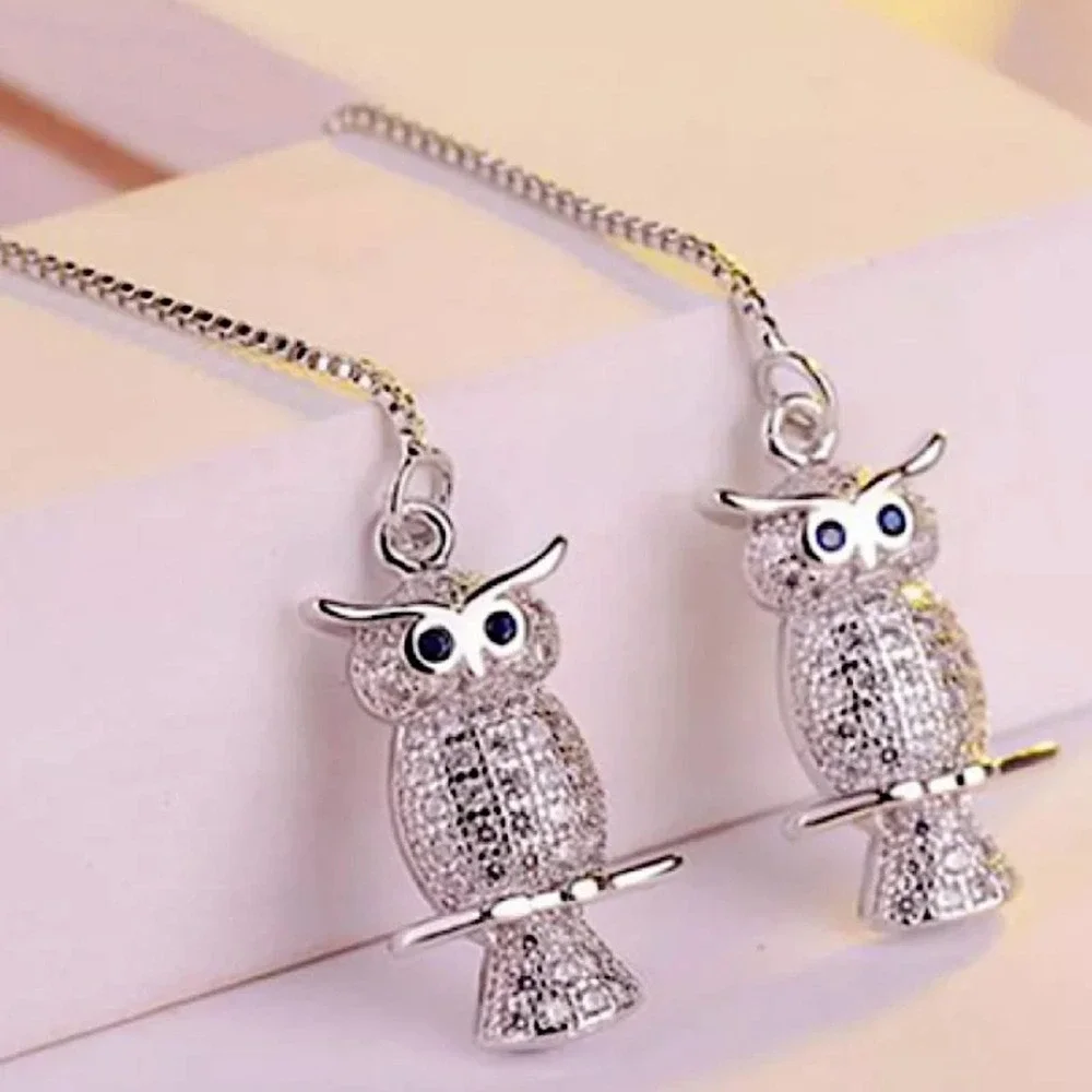 Sterling Silver Owl, Pearl Long Earrings